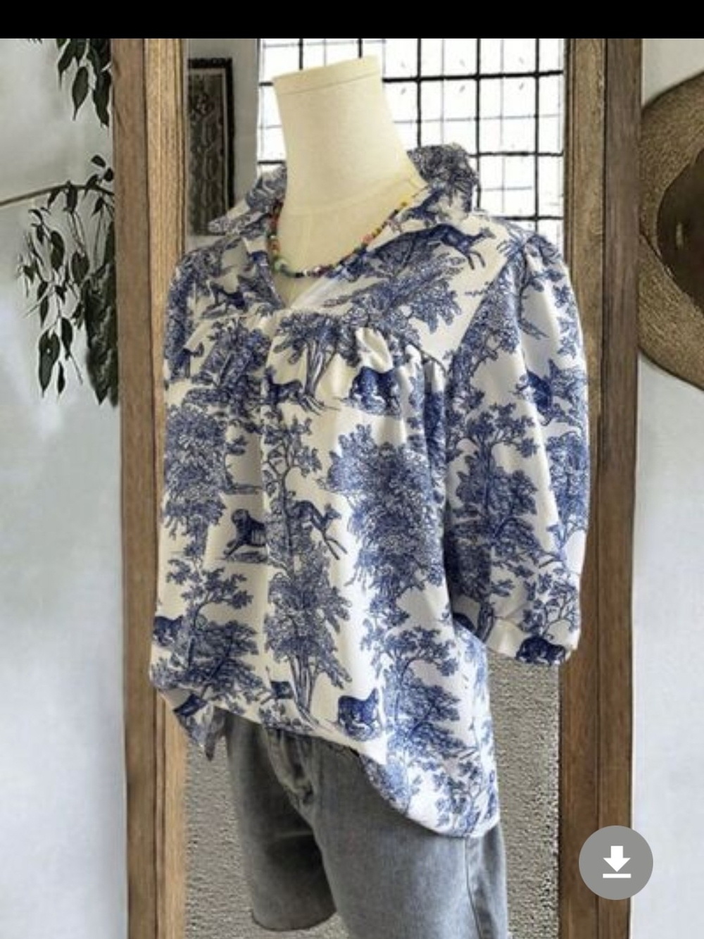 Blue Toile Puff-Sleeve Blouse